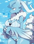 altaria anthro big_breasts blue_body breasts cleavage clothed clothing cloud digital_media_(artwork) eyebrows female fusion generation_3_pokemon generation_5_pokemon hi_res legendary_pokemon nintendo outside pokemon pokemon_(species) reshiram skwidbone solo text
