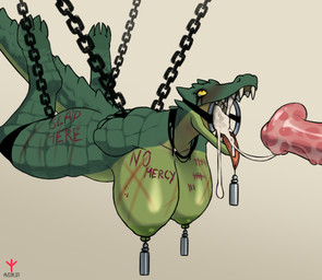 abuse animal_genitalia animal_penis anthro areola bdsm big_breasts blush bodily_fluids body_writing bondage bound breast_torture breasts chain choker cum cum_in_mouth cum_inside cum_string disembodied_penis duo equine_genitalia equine_penis erection female female_focus flared_penis gag gagged gaping_mouth genital_fluids genitals green_areola green_nipples hands_behind_back hanging_breasts huge_breasts jewelry makeup male male/female mascara muscular muscular_anthro muscular_female necklace nipple_weights nipples open_mouth penis ring_gag running_makeup running_mascara sharp_teeth slap_mark snapped_choker solo_focus suspension suspension_bondage teeth tongue tongue_out wide-open_mouth avioylin crocodile crocodilian reptile scalie