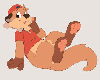 4_fingers 4_toes animal_genitalia anthro anus balls black_eyes blush blush_lines bottomless brown_body brown_ears brown_fur brown_nose brown_paws butt cheek_tuft chest_tuft clothed clothing facial_tuft fangs feet fingers fur genitals hat headgear headwear legs_up looking_at_viewer looking_down male multicolored_body multicolored_fur open_mouth pawpads paws pink_pawpads red_clothing red_hat red_headwear red_shirt red_topwear sheath shirt simple_background sitting solo spread_legs spreading tan_body tan_fur teeth toes topwear tuft seth-iova chester_the_otter mammal mustelid otter 2022 2_frame_animation animated
