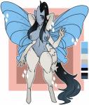 4_arms anthro anthrofied arthropod big_breasts black_hair blue_eyes breasts color_swatch demonnyuu digital_media_(artwork) female full-length_portrait generation_1_pokemon genitals hair hands_behind_head hi_res insect insect_wings lepidopteran long_hair multi_arm multi_limb nintendo nipples non-mammal_breasts nude pokemon pokemon_(species) pokemorph portrait pussy shiny_pokemon simple_background solo sparkles standing venomoth wings