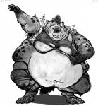 anthro barefoot belly belly_overhang big_belly biped chubby_cheeks claws clothed clothing double_chin dressing feet fur huge_belly hyper hyper_belly love_handles male markings moobs morbidly_obese morbidly_obese_anthro morbidly_obese_male navel obese obese_anthro obese_male overweight overweight_anthro overweight_male simple_background smile solo spots spotted_body spotted_fur teeth thick_thighs toe_claws torn_clothing wardrobe_malfunction white_background wide_hips aokamidu ryehyena hyena mammal spotted_hyena greyscale hi_res monochrome