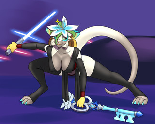 anthro blue_lightsaber breasts brown_body brown_fur cleavage clothed clothing female female_anthro flower fur gloves glowing glowing_eyes green_eyes handwear horn jedi keyblade legwear lightsaber melee_weapon plant robe solo stockings tail tail_mouth unusual_anatomy unusual_tail vines weapon white_body white_fur furball kingdom_hearts nintendo square_enix star_wars the_legend_of_zelda princess_zelda zel'da alien elemental_creature flora_fauna nokuri space_cat 5:4