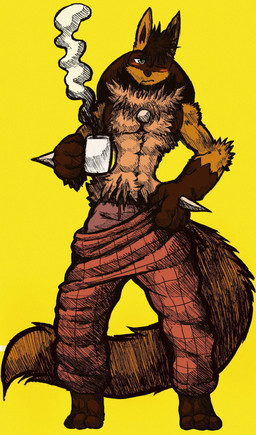 3_toes 4_fingers anthro beverage bottomwear bottomwear_down clothed clothing coffee fangs feet fingers fur male multicolored_body open_mouth pants pants_down partially_clothed red_eyes simple_background small_waist solo sparkles spikes spikes_(anatomy) tail teeth thin_body toes underwear yellow_background yellow_body yellow_eyes yellow_fur jwbash nintendo pokemon canid canine generation_4_pokemon lucario mammal pokemon_(species) shiny_pokemon 2026 absurd_res hatching_(art) hi_res shaded