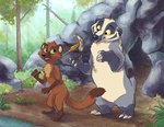 2020 anthro badger black_nose brown_body brown_fur cave detailed_background duo egg_(oren's_forge) featureless_crotch flower fur grass green_eyes grey_body grey_fur gulonine head_tuft hi_res holding_object holding_weapon mammal marten melee_weapon mustelid musteline nude oren's_forge outside pine_marten plant polearm rask_(oren's_forge) rock signature sophiecabra spear standing tree tuft water weapon