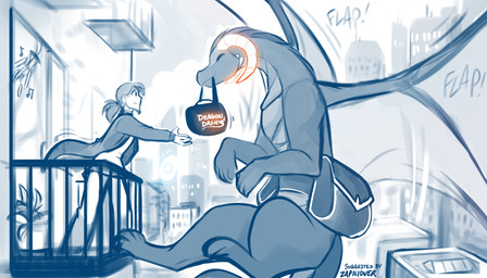 balcony bottomwear city city_background cityscape clothed clothed_human clothed_male clothing duo eyes_closed feet female feral fingers flying fully_clothed fully_clothed_human fully_clothed_male hair horn larger_feral male membrane_(anatomy) membranous_wings object_in_mouth ponytail saddle_bag size_difference smaller_human smile tail text toes topwear wings conditional_dnp tom_fischbach mythology twokinds madam_reni_(twokinds) dragon human mammal mythological_creature mythological_scalie scalie 2026 7:4 digital_drawing_(artwork) digital_media_(artwork) english_text hi_res monochrome sketch spot_color