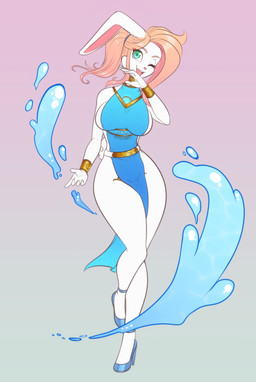 anthro big_breasts blue_clothing bracelet breasts choker clothing elemental_manipulation eyebrow_through_hair eyebrows eyelashes female footwear green_eyes hair high_heels jewelry necklace one_eye_closed open_mouth open_smile ponytail shoes side_boob smile solo translucent translucent_hair water water_manipulation white_body wide_hips wink scorpdk lagomorph leporid mammal rabbit 2026 hi_res
