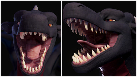 ambiguous_gender black_background black_body black_scales bodily_fluids border detailed_mouth fangs feral front_view horn looking_at_viewer mouth_shot narrowed_eyes open_mouth orange_eyes pink_tongue saliva saliva_string scales simple_background solo teeth tongue unsigned white_body white_border white_horn acidic mythology bunsen dragon mythological_creature mythological_scalie scalie 16:9 3d_(artwork) digital_media_(artwork) multiple_images widescreen