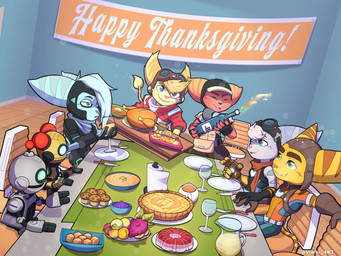anthro belt beverage blue_body blue_eyes blue_fur chair clothing cutlery cybernetic_arm cybernetic_limb eyebrows eyes_closed eyewear eyewear_on_head female food fork fur furniture gloves goggles goggles_on_head green_eyes group handwear headgear headwear holidays kitchen_utensils knife machine male meat pit plate red_body red_fur scarf smile striped_body striped_fur stripes table text tools turkey_meat white_body white_fur yellow_body yellow_fur viwhi_art ratchet_and_clank sony_corporation sony_interactive_entertainment thanksgiving clank_(ratchet_and_clank) kit_(ratchet_and_clank) mopz_(ratchet_and_clank) ratchet_(ratchet_and_clank) rivet_(ratchet_and_clank) sprocket_(ratchet_and_clank) widget_(ratchet_and_clank) lombax mammal robot 2025 4:3 english_text hi_res