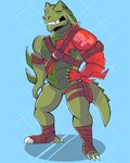 anthro armor blue_background hand_on_hip looking_at_viewer male one_eye_closed pattern_background pecs simple_background solo teeth_showing wink winking_at_viewer htony epic_games fortnite hybrid_(fortnite) scalie 4:5 hi_res