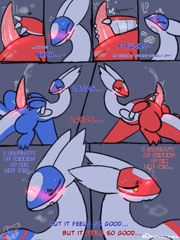 animal_genitalia animal_penis blush bodily_fluids breath emenata eon_duo exclamation_point eyes_closed feral genital_fluids genital_slit genitals gynomorph intersex legendary_duo male masturbation penis precum profanity red_eyes shared_senses solo sweat tapering_penis text yellow_eyes delphoxiscool nintendo pokemon generation_3_pokemon latias latios legendary_pokemon pokemon_(species) 3:4 comic english_description english_text hi_res signature brother_(lore) brother_and_sister_(lore) sibling_(lore) sister_(lore)