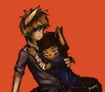 anthro arm_wraps clothed clothing cuddling duo eye_bags female gradient_background looking_at_viewer male orange_background simple_background wraps panzery25 asper_(panzery25) genyle_(panzery25) canid canine fox mammal 2016 signature