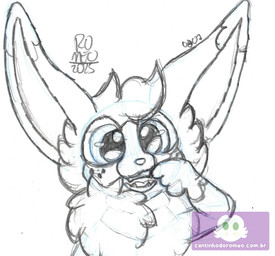femboy finger_in_mouth fluffy fluffy_chest freckled_face freckles fur fur_markings male markings silly silly_face text coelhoposa_(artist) nintendo pokemon cannella_(coelhoposa) eevee generation_1_pokemon pokemon_(species) hi_res url