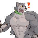 abs angry anthro barazoku biceps big_muscles claws collar collar_only exclamation_point eyebrows fur huge_muscles male muscular muscular_anthro muscular_male navel nipples nude obliques open_mouth pawpads pecs simple_background solo standing surprise teeth tongue tuft white_background jrjresq canid canine canis mammal wolf 1:1 2022 hi_res