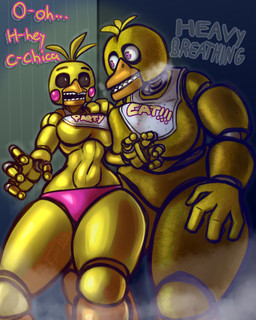 anthro beak bib big_breasts black_sclera bodily_fluids breast_squish breasts clothing dialogue duo eyelashes feathers featureless_breasts featureless_crotch female front_view head_feathers head_tuft huge_breasts machine navel open_mouth panties pink_clothing pink_panties pink_underwear rosy_cheeks squish sweat sweatdrop teeth text thick_thighs toothed_beak tuft under_boob underwear white_eyes wide_hips yellow_body yellow_feathers epsi110 five_nights_at_freddy's five_nights_at_freddy's_2 scottgames chica_(fnaf) toy_chica_(fnaf) animatronic avian bird chicken galliform phasianid robot 4:5 hi_res