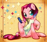 blue_eyes brush clothing coat female feral fur hair hairbrush looking_at_viewer multicolored_hair pink_body pink_fur scissors sitting smile solo topwear two_tone_hair アララギ夏樹 hasbro my_little_pony vidala_swoon_(mlp) equid equine horse mammal pony