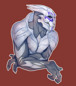 3_fingers claws crossed_arms fingers looking_at_viewer male nude red_background simple_background solo teeth mrsleepyskull bioware electronic_arts mass_effect alien turian hi_res