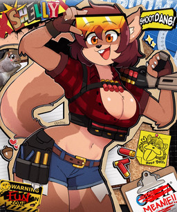 anthro belt big_breasts bottomwear breasts brown_hair buckteeth cleavage clipboard clothed clothed_anthro clothed_female clothing crop_top daisy_dukes denim denim_bottomwear denim_clothing denim_shorts eyewear eyewear_on_head female fingerless_gloves flannel_shirt fluffy fluffy_tail front_view gloves gun hair handwear heart_symbol holding_gun holding_object holding_ranged_weapon holding_weapon hotpants midriff navel open_mouth ranged_weapon shell_(projectile) shirt shorts shotgun shotgun_shell smile solo sunglasses sunglasses_on_head tail teeth topwear weapon wide_hips 00niine shelly_bélier mammal rodent sciurid tree_squirrel 5:6 hi_res