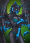 anthro avian beak biped bird black_body black_feathers blush bra breasts clothing covering covering_self feathered_wings feathers female green_background green_eyes gryphon hi_res looking_at_viewer mythological_avian mythological_creature mythology non-mammal_breasts panties shy simple_background solo standing tail timid underwear vani-fox wings