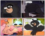 2022 anthro bear bed bedroom big_butt black_body black_nose bodily_fluids bovid bulge butt caprine clothing comic dialogue duo english_text eyes_closed furniture goat hi_res humanoid_hands inside lying male mammal outside overweight overweight_anthro overweight_male percy_(trashtoonz) plushie shirt smokey_(trashtoonz) sweat text topwear trashtoonz underwear