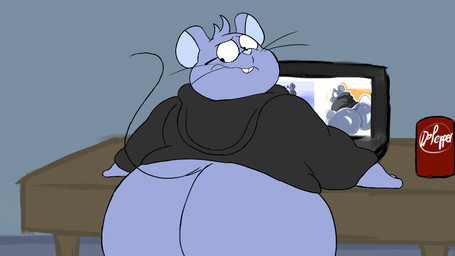 animated_gif anthro beverage_can big_butt black_clothing black_hoodie black_topwear blue_body blue_fur blue_inner_ear blue_nose bottomless buckteeth butt butt_focus clothed clothing computer desk electronics fur furniture head_tuft hoodie laptop leaning_on_table line_tail looking_at_butt looking_back male overweight overweight_male presenting presenting_hindquarters shaking_butt shy simple_background solo table tail teeth text thick_thighs thin_tail topwear topwear_only tuft twerking wide_hips chonkymouse dr_pepper juju_(chonkymouse) mammal mouse murid murine rodent 2026 2d_animation absurd_res animated colored digital_media_(artwork) english_description english_text hi_res loop short_playtime