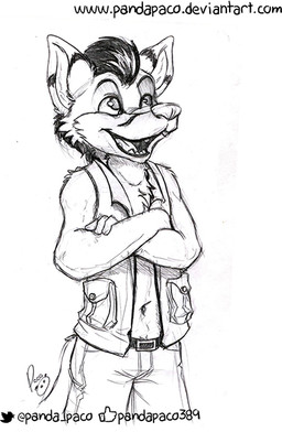 anthro bottomwear cheek_tuft chest_tuft clothed clothing facial_tuft front_view hair logo looking_up male male_anthro navel open_clothing open_mouth open_smile open_topwear open_vest pants short_hair simple_background smile solo standing text topwear tuft vest pandapaco canid canine mammal artist_logo monochrome portrait signature sketch three-quarter_portrait url