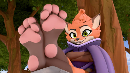 4_toes anthro cloak clothed clothing crossed_arms feet female foot_focus fur green_eyes looking_at_viewer orange_body orange_fur pawpads paws pink_pawpads plant pupils smile soles solo toes tree twintails3d dungeons_of_aether rivals_of_aether fleet_(dungeons_of_aether) canid canine fox mammal 16:9 2026 3d_(artwork) 4k absurd_res digital_media_(artwork) hi_res widescreen