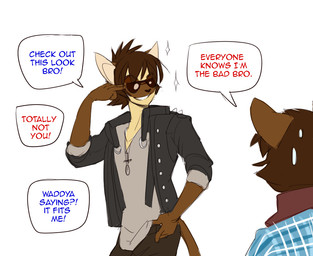 anthro blue_text bodily_fluids clothing color_coded color_coded_text dialogue duo eyewear jacket jewelry leather leather_clothing leather_jacket leather_topwear necklace red_text speech_bubble spikes studs sunglasses sweat text topwear peritian arno_(peritian) celio_(peritian) domestic_cat felid feline felis mammal siamese_cat english_text brother_(lore) brothers_(lore) sibling_(lore) twins_(lore)