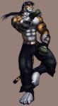 abs anthro athletic barefoot belt biceps big_muscles biped black_body black_fur black_hair bottomwear claws clothed clothing feet fight fighting_pose frown fur gloves green_eyes grey_body grey_fur hair handwear male markings muscular muscular_anthro muscular_male orange_body orange_fur pants pecs pose solo standing stripes toe_claws topless white_body white_fur darthiawolf galen zhal felid mammal pantherine tiger 2012