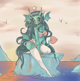 4_eyes black_hair black_sclera blush breasts clothing female fur green_body green_eyes green_fur hair horn jewelry legwear long_hair mouthless multi_eye outside sitting solo spade_tail stockings tail water wings glittermiilk humanoid monster 2015 hi_res