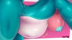 2020 absurd_res ambiguous_species anthro areola belly bent_over big_belly big_breasts blue_nipples bodily_fluids breasts cum cum_inflation cum_inside digital_media_(artwork) female genital_fluids hi_res inflation mammal mizky multicolored_body navel nipples nude simple_background solo thick_thighs