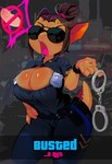 angry badge big_breasts breasts cleavage_cutout clothing cuff_(restraint) cutout disembodied_penis eyewear female genitals hand_on_hip handcuffs huge_breasts male metal_cuffs non-mammal_breasts penis police police_badge police_uniform restraints solo sunglasses text uniform shnider grand_theft_auto rockstar_games kobold scalie hi_res