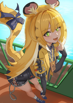 animal_ears belt black_clothing blonde_hair clothed clothing female finger_in_mouth fluffy glowing glowing_eyes green_eyes hair jacket looking_at_viewer open_clothing open_jacket open_mouth open_topwear orange_hair raised_tail solo striped_hair tail topwear white_hair silvertina mihoyo zenless_zone_zero ju_fufu animal_humanoid felid felid_humanoid humanoid mammal mammal_humanoid pantherine pantherine_humanoid thiren tiger_humanoid absurd_res hi_res