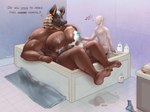 ankh anthro bathroom bathtub big_pecs blush brown_body clothing detailed_background duo egyptian egyptian_clothing egyptian_headdress faceless_character faceless_male feet foot_fetish foot_focus headgear hyper jewelry male male/male muscular muscular_anthro muscular_male necklace nipples pecs size_difference soap suds teeth teeth_showing text towel underwear water wet wet_body white_body deliciousq egyptian_mythology middle_eastern_mythology mythology anon anubis anubian_jackal canid canine canis deity jackal mammal english_text hi_res