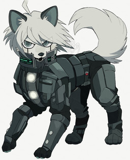 ahoge alternate_species armor armor_plates belt black_nose black_paws blush blush_lines body_armor bodysuit button_(fastener) cheek_tuft chest_tuft clothing eye_ring facial_tuft fangs feral fluffy fluffy_tail fur furrification grey_ears grey_eyes grey_pawpads hair lights looking_at_viewer male open_mouth open_smile pawpads screen shoulder_pads simple_background skinsuit smile solo tail teeth text tight_clothing toothy_smile tuft white_background white_body white_fur white_hair white_sclera kiirono danganronpa danganronpa_v3 spike_chunsoft k1-b0 canid canine mammal robot_feral 2026 artist_name hi_res signature watermark
