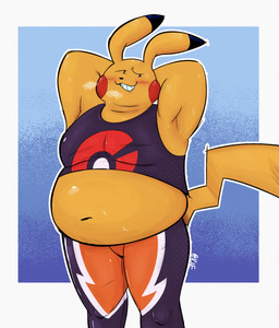 abdominal_bulge anthro belly blush bodily_fluids clothing cosplay_pikachu_(costume) male navel overweight overweight_anthro overweight_male solo sweat tail tight_clothing yellow_body rotten_heathen nintendo pokemon pikachu_libre generation_1_pokemon humanoid pikachu pokemon_(species) hi_res