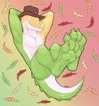 4_toes anthro claws clothing feet foot_focus hat headgear headwear low-angle_view pawpads reclining smile solo toe_claws toes view 3dinoz glitch_productions the_amazing_digital_circus gummigoo_(tadc) crocodilian reptile scalie hi_res