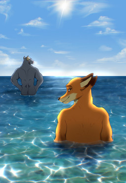 anthro black_nose butt duo fur grey_body grey_fur horn looking_at_viewer looking_back looking_back_at_viewer male muscular muscular_anthro muscular_male nature nude nude_anthro nude_male orange_body orange_fur outdoor_nudity outside partially_submerged sea skinny_dipping smile standing_in_water water beozar disney zootopia chief_bogo nick_wilde bovid bovine canid canine cape_buffalo fox mammal hi_res