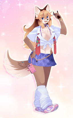 abstract_background accessory alternative_fashion anthro big_breasts biped blonde_hair blue_eyes bottomwear bracelet breasts brown_body brown_fur brown_hair cellphone cleavage clothed clothing countershading electronics female footwear fur gyaru hair huge_breasts j-fashion jewelry kogal long_socks looking_at_viewer midriff miniskirt multicolored_hair necktie pawpad_shoes pawpads phone pink_background shirt shoes simple_background skirt smartphone socks solo tan_body tan_countershading tan_fur topwear dangan two_beasts_or_not_to_beast anne_tagokoro canid canine canis domestic_dog mammal official_art