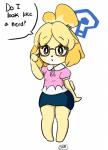 anthro blush breasts clothed clothing dialogue eyewear female fur glasses hair open_mouth question_mark rectangular_glasses simple_background solo speech_bubble text yellow_body yellow_fur pandaischub animal_crossing nintendo isabelle_(animal_crossing) canid canine canis domestic_dog mammal shih_tzu toy_dog english_text hi_res