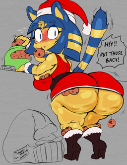 anthro big_breasts big_butt blue_eyes blue_hair blush boots breasts butt cellulite christmas_clothing christmas_headwear clothing cookie dress eating exclamation_point female food footwear gift hair hat headgear headwear high_heeled_boots high_heels holidays huge_butt looking_at_viewer looking_back markings sack santa_hat shoes solo striped_markings striped_tail stripes tail tail_markings text thick_thighs underbutt wide_hips yellow_body purple_yoshi_draws animal_crossing christmas nintendo ankha_(animal_crossing) domestic_cat felid feline felis mammal 2024 digital_media_(artwork) english_text hi_res