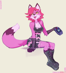 anthro arm_warmers armwear boots cheek_tuft chest_tuft clothing electronics facial_tuft female fluffy fluffy_tail footwear game_console gaming glistening glistening_clothing joyful latex latex_clothing looking_at_viewer playing_video_game shoes smile solo tail tuft maridiansnack balatro game_boy_advance game_boy_family nintendo krysta_kream canid canine fox mammal absurd_res hi_res