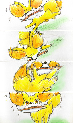 :3 >_< ambiguous_feral ambiguous_gender blush confusion digitigrade dipstick_tail emanata eyes_closed feral fluffy looking_up markings motion_blur pawpads pink_pawpads quadruped question_mark rolling running simple_background solo standing stick_in_mouth tail tail_markings tripping eiroru nintendo pokemon canid fennekin generation_6_pokemon mammal pokemon_(species) 2026 colored_pencil_(artwork) comic graphite_(artwork) hi_res one_page_comic traditional_media_(artwork)