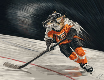 anthro armor athletic_wear clothing fur headgear helmet hockey hockey_stick ice jersey male piercing scruffy shaggy_fur shirt skating solo sport topwear yellow_body yellow_fur momamo kepler_coyote canid canine canis coyote mammal absurd_res hi_res