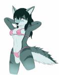 2018 anthro bikini black_hair black_nose blue_eyes bottomwear breasts canid canine canis clothed clothing digital_media_(artwork) female fully_clothed fur green_body green_ears green_fur green_stripes green_tail hair hands_behind_head hi_res mammal markings mikearctic multicolored_body multicolored_ears multicolored_fur multicolored_tail naomi_(thevileone) pink_bikini pink_bottomwear pink_clothing pink_swimwear pink_topwear portrait pupils simple_background small_pupils snout solo stripes swimwear tail three-quarter_portrait topwear two_tone_body two_tone_ears two_tone_fur two_tone_tail wardrobe_malfunction white_background white_body white_breasts white_ears white_fur white_tail wide_eyed wolf