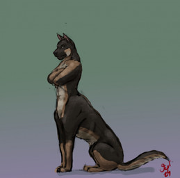 black_body black_fur brown_body brown_fur crossed_arms frown fur gradient_background looking_at_viewer male muscular muscular_taur nude_taur red_text simple_background sitting solo tail tan_body tan_fur text jeri_kleinlowe canid canid_taur canine canine_taur canis dog_taur domestic_dog german_shepherd herding_dog mammal mammal_taur pastoral_dog taur 2024 colored hi_res signature