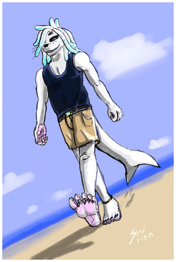5_toes anklet anthro bangs barefoot beach belt biped black_sclera blue_clothing blue_eyes blue_highlights blue_topwear border bottomwear brown_bottomwear brown_clothing clothing cloud colored_nails detailed_background dreadlocks dutch_angle fangs feet fin fur grey_nails hair highlights_(coloring) hindpaw humanoid_feet humanoid_hands jewelry looking_at_viewer low-angle_view male membrane_(anatomy) nails outside paws pink_membrane plantigrade pockets sand sea seaside shirt shorts sky soles solo tail tail_fin tank_top teeth toes topwear walking water webbed_feet webbed_hands whiskers white_body white_border white_hair white_skin lazertooth tayto aquatic harp_seal mammal pinniped seal signature