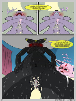 after_sex anthro anthrofied bathroom black_body black_fur blush bodily_fluids breasts cum cum_in_vagina cum_inside dialogue duo erection female fur genital_fluids genitals looking_at_viewer male male/female nipples nude open_mouth penis perspective pink_body pink_fur sex smile teeth text tongue vaginal vulva water wet wet_body wet_fur flamberry_(artist) nintendo pokemon estung_venizee_neon_(flamberry) unomia_venizee_flare_(flamberry) canid canine eeveelution espeon generation_2_pokemon mammal pokemon_(species) umbreon absurd_res comic digital_drawing_(artwork) digital_media_(artwork) english_text hi_res ibispaint_(artwork)