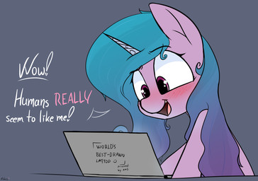 blush computer dialogue electronics exclamation_point female feral fur grey_background hair heart_symbol horn laptop open_mouth purple_body simple_background solo teeth text tongue mulbmerl hasbro mlp_g5 my_little_pony mythology izzy_moonbow_(mlp) equid equine horse mammal mythological_creature mythological_equine pony unicorn 2021 digital_media_(artwork) english_text hi_res