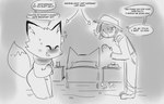 anthro awkward bed bedroom bowing clothing dialogue embarrassed female furniture hat headgear headwear male scarf text tissue tissue_box used_tissue lilmoonie hoshi_(lilmoonie) canid canine fox human mammal 2021 comic english_text greyscale monochrome