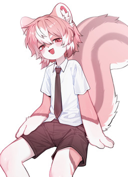 accessory anthro blush bottomwear clothed clothed_anthro clothed_male clothing fur hair kemono looking_at_viewer male male_anthro multicolored_body multicolored_fur multicolored_hair necktie pink_body pink_fur pink_hair shirt shorts solo tail topwear white_body white_fur white_hair young young_anthro young_male acorn_furry naruta mammal rodent sciurid tree_squirrel 2026 digital_media_(artwork) hi_res